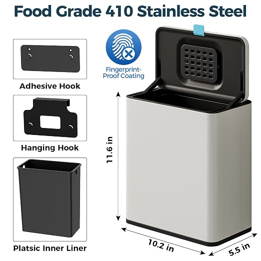 Stainless Steel Hanging Trash Can with Lid and Inner Bucket, 2 Gallon Kitchen Compost Bin for Counter Top, Under Sink or Wall Mount, Small Garbage Can for Cupboard/Bathroom/Bedroom/RV, White - Image 6