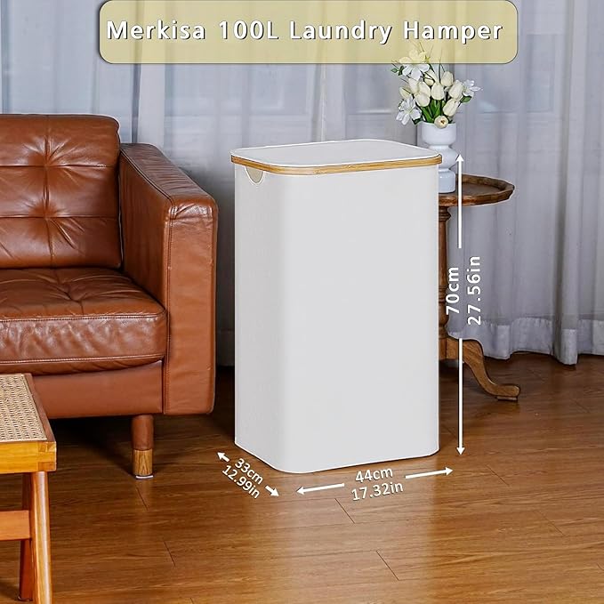 100L Laundry Hamper with Lid, Lagre Basket with Bamboo Handles,Foldable Clothes Hamper Tall Dirty Laundry Basket for Clothes Toys Towels Organizing,Beige - Image 3
