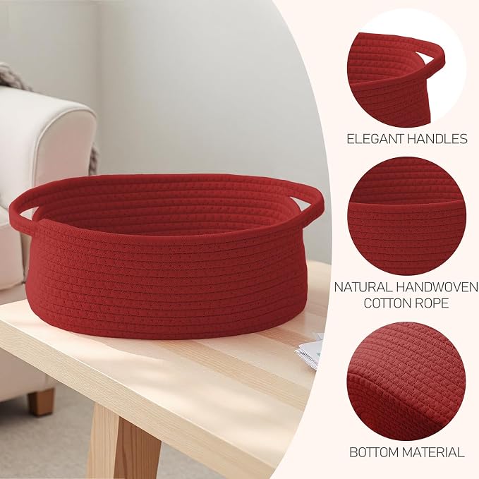 JMvicyroam Woven Basket,Small Rope Storage Bin with Handles & Ribbon Bag, Organizer for Shelves Closets,Gift Basket Empty for Birthday,Books,Dog Toys, Red/2 Pack - Image 3