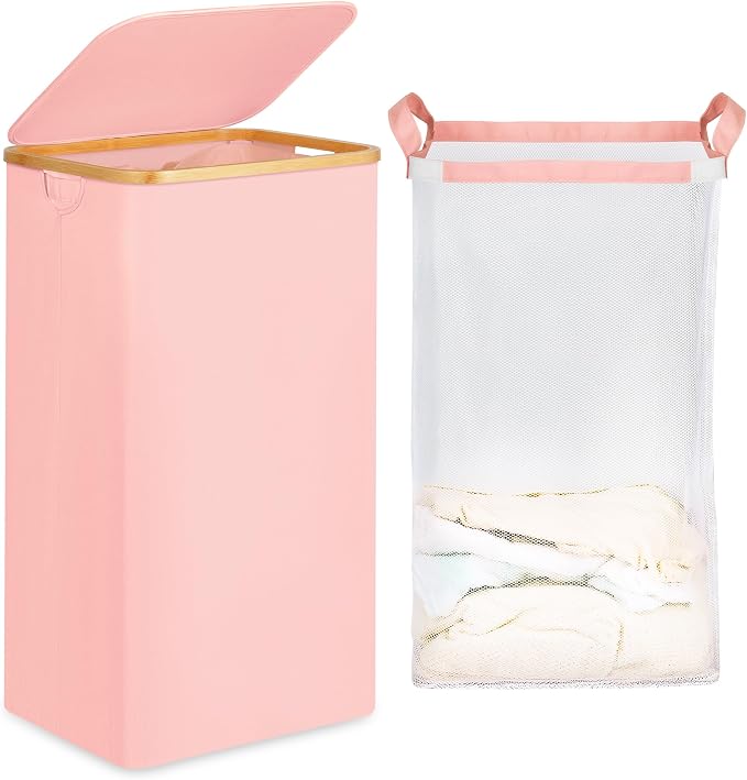 efluky 26 Gal Laundry Basket with Lid and Net Bag, Tall Laundry Hamper with Bamboo Handles, Aesthetic Dirty Clothes Bin for Laundry Room, Bathroom, Bedroom and Dorm, Pastel‌ by efluky