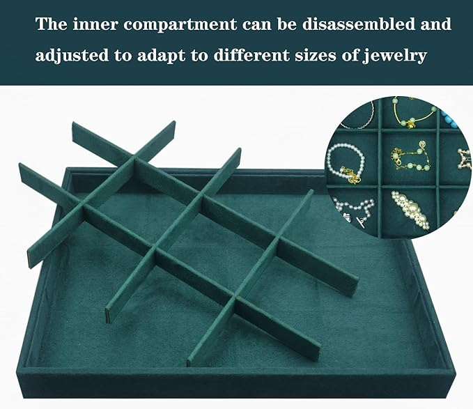 Large Velvet Jewelry Tray, Drawer Organizer for Jewelry in Dresser, Stackable Jewelry Drawer Organizer Inserts for Earring Necklace Bracelet Rings(Green,12grid) - Image 3
