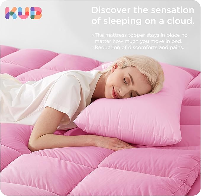 KUB Twin Cotton Mattress Topper, Breathable Pillow Top with 8-21 Inch Deep Pocket, 3D Snow Down Alternative Fill, Fluffy College Dorm Mattress Pad Cover (Pink, 39 * 75inch)