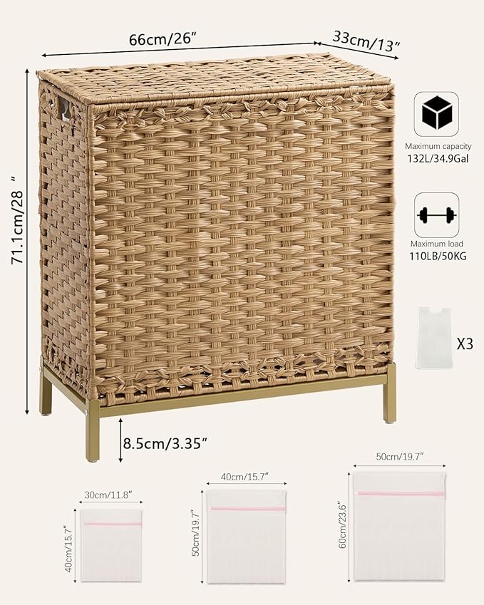 SETVSON Laundry Hamper with Lid 132 L, (35 Gallons) Clothes Hamper with Lid, Handwoven Rattan Laundry Hamper with Metal Heightened Feet, Laundry Hampers with 3 Removable Liner Bags for Laundry-Natural - Image 5