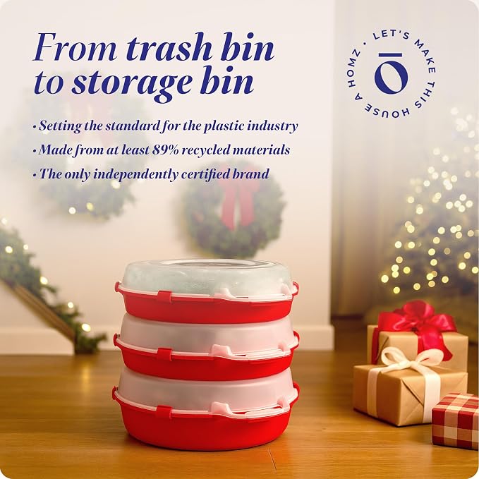 HOMZ 3-Pack 24 Inch Seasonal Holiday Clear Plastic Wreath Storage Containers, Red – Stackable Decoration Organizer Bins with Lids and Handles for Christmas Wreaths and Garlands - Image 7