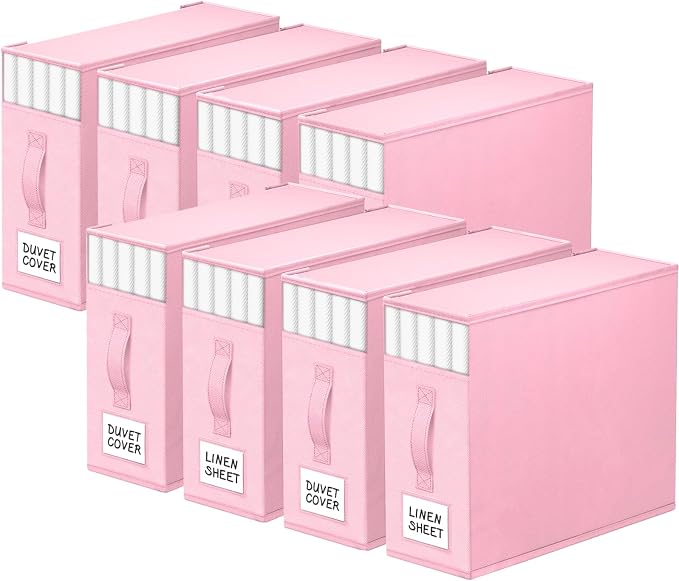 StorageTastic 8 Pack Bed Sheet Closet Organizers and Storage,Sturdy Foldable Storage Containers with Window and Label,Storage and Organization for Bedding Sheets,Duvet Covers,Blankets (Pink) by StorageTastic