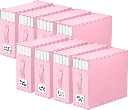 StorageTastic 8 Pack Bed Sheet Closet Organizers and Storage,Sturdy Foldable Storage Containers with Window and Label,Storage and Organization for Bedding Sheets,Duvet Covers,Blankets (Pink) by StorageTastic