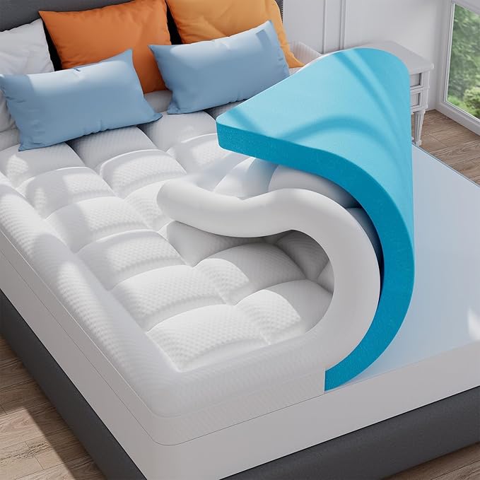 ELEMUSE 3 Inch King Size Dual Layer Memory Foam Mattress Topper, 2 Inch Premium Cooling Gel Memory Foam, 1 Inch Soft Pressure Relief Pillowtop Mattress Pad, CertiPUR‑US Certified, Sleep Upgrade