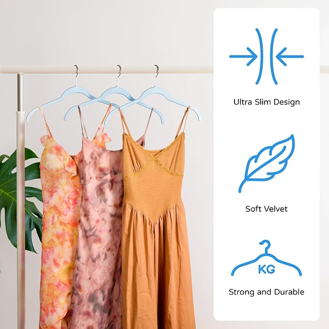 Sishynio 30 Pack Velvet Hangers – Premium Non-Slip Slim Clothes Hangers with 360° Swivel Hook, Space-Saving Flocked Shirt Hangers for Coats, Dresses, Blouses, Suits(Blue) - Image 4
