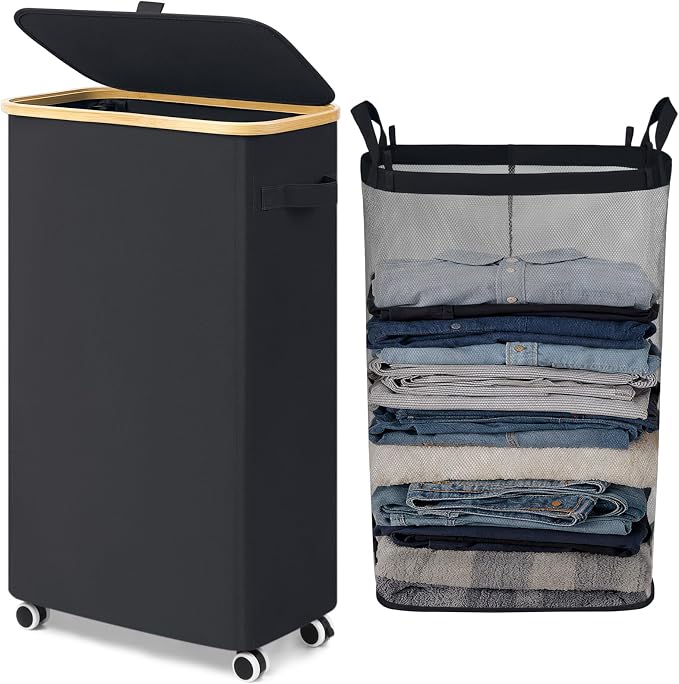 Goodpick Slim Laundry Basket with Wheels and Lid, 75L Rolling Laundry Hamper for Dorm Home Decor, Large Clothes Hamper with Bamboo Frame Removable Bag, Black, 17" x 9.8" x 29.5" by Goodpick