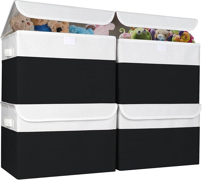 Bagnizer Large 22 Quart Linen Fabric Foldable Storage Bin Cube Organizer Basket with Flip-Top Lid & Handles, Clothes Blanket Box for Home, Office, Closet, Black & White, 4 Pack 14.6 x 9.5 x 9.5 by Bagnizer