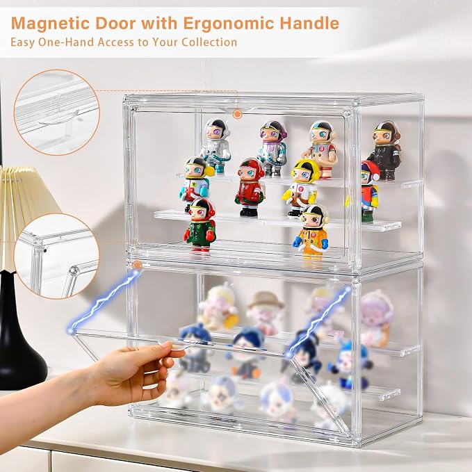 Freebat Clear Acrylic Display Case for Collectibles - 3-Tier Adjustable Figure Display with Magnetic Door & Removable Shelves,Stackable Dispaly box for Figures - 2 Pack - Image 4