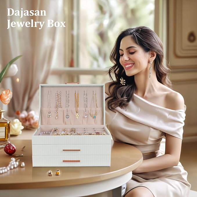 Dajasan Jewelry Box Organizer, 3-Tier Large Jewelry Storage Organizer with 2 Drawers, Space-Saving Jewelry Boxes for Women, PU Leather Surface with Texture, Gift Idea, Modern Style (White) - Image 6