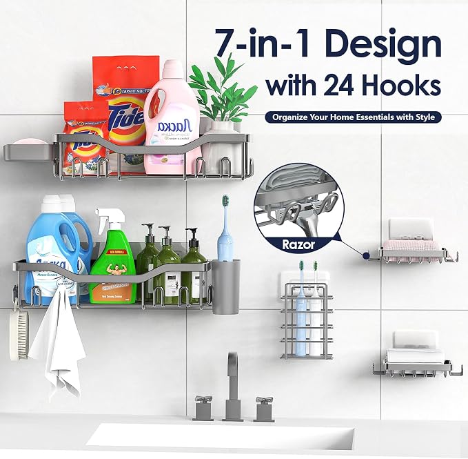 NESOMI Shower Caddy Adhesive Shower Organizer 7-Pack, Rustproof Stainless Steel Bathroom Shelves, Large Capacity No-Drill Rack Storage Accessories with Soap Dish Toothbrush Holder Hooks - Image 4