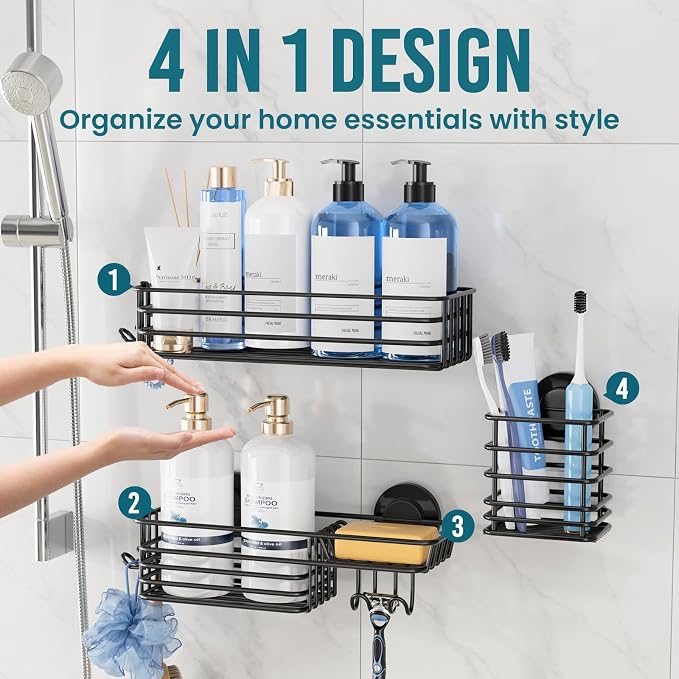 TAILI Shower Caddy Suction Cup, 3 Pack Shelves for Inside with Hooks & Soap holder Toothbrush Cups, Removable Bathroom Organizer, Rustproof Black Holder Storage-Black - Image 4