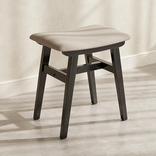 Muwuele Solid Wood Vanity Stool, Compact Makeup Chair with Saddle Cushion, Linen-Covered High Rebound Sponge Seat, Easy Assembly Footstool for Bedroom, Entryway, Home, Black