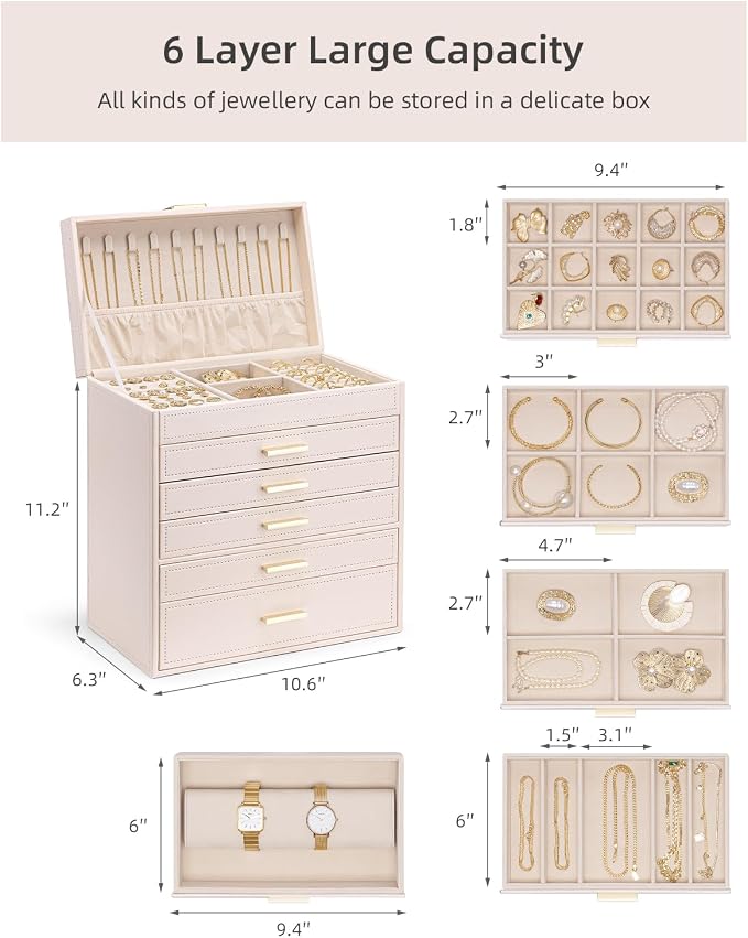VLANDO 6 Layer Large Jewelry Box - Jewelry Holder Organizer, Jewelry Box Organizer for Drawer Necklace Ring Bracelet and Watch, Birthday Gift for Loved Ones - Pink - Image 5
