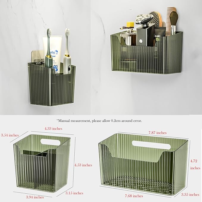 Set Of 2 Storage Organizer Bins Wall Mounted Shower Caddy, Bathroom shelves Stackable Clear Plastic Toothbrush Holder Adhesive Hanging Bin for Bathroom, Kitchen, Cabinet, Shower BPA Free Small (Green) - Image 7