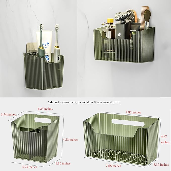 Set Of 2 Storage Organizer Bins Wall Mounted Shower Caddy, Bathroom shelves Stackable Clear Plastic Toothbrush Holder Adhesive Hanging Bin for Bathroom, Kitchen, Cabinet, Shower BPA Free Small (Clear) - Image 7