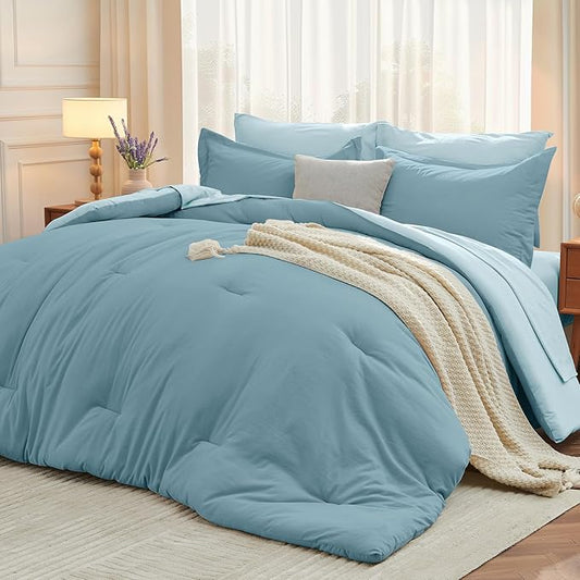 MUXHOMO 7 Pieces Full Comforter Set, Soft Bed in a Bag Full Size, All Season Bedding Set with Comforter, Flat Sheet, Fitted Sheet, Pillowcases & Shams, Mineral Blue & Light Blue