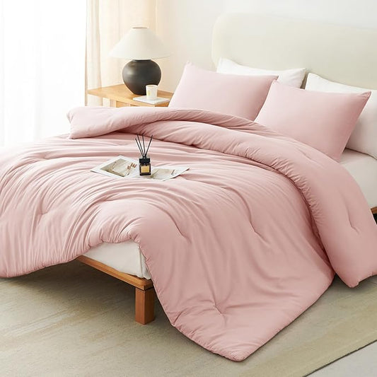 CozyLux California King Comforter Set Blush Pink, 3 Pieces Cal King Solid Breathable Quilted Bedding Sets All Seasons, Luxury Soft Lightweight Bed Set with Down Alternative Comforter and 2 Pillowcases