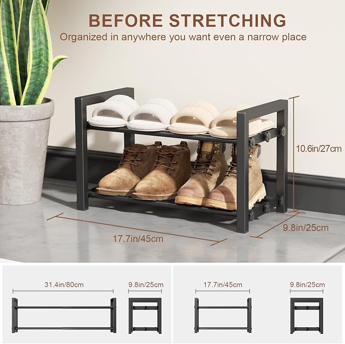 2-Tier Expandable Shoe Rack,Adjustable Shoe Shelf Storage Organizer Heavy Duty Metal Free Standing Shoe Rack for Entryway Closet Doorway (Black) - Image 2