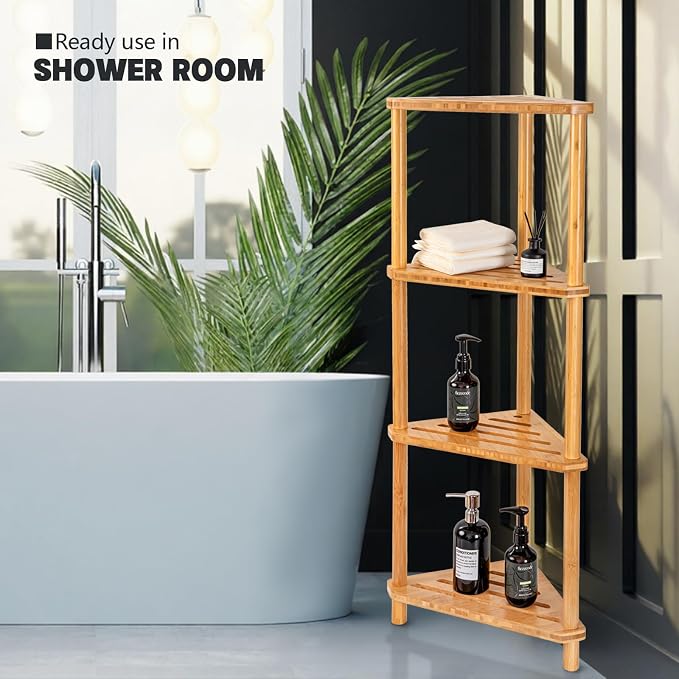 GUGIGP 4-Tier Corner Shower Caddy Stand Bamboo,Standing Corner Shower Shelf,Shower Organizer,Shower Storage Shlves,Waterproof & Durable,Space-Saving Design for Bathroom Kitchen or Living Room - Image 2