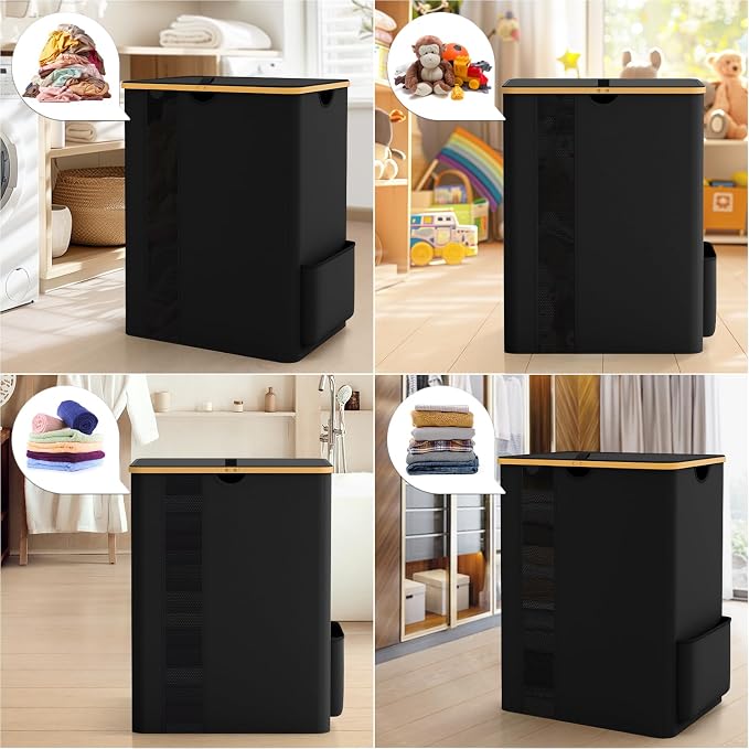 BlissTotes Laundry Basket with Lid, 150L Clothes Laundry Hamper with Handles and 2 Removable Laundry Bags, Breathable Design Hamper with Lid for Bedroom, Bathroom, Dorm, Laundry Room -Black - Image 6