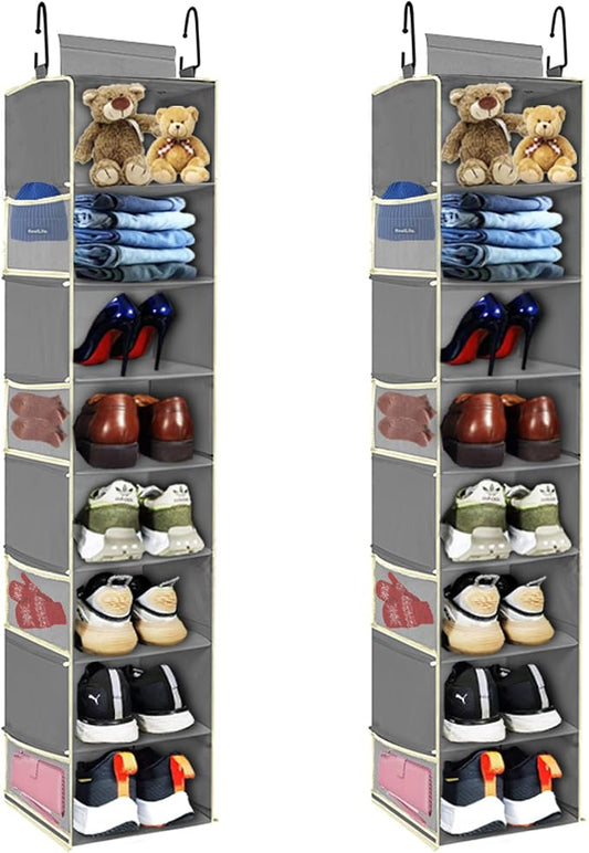 2 Pack Large-Sized Hanging Shoe Organizer 8-Shelf, Hanging Closet Organizer with 8 Side Pockets, Wider Hanging Shelves for Storage Shoes Clothes 9" W × 11.8" D× 48" H, Grey. by ROOMTALK