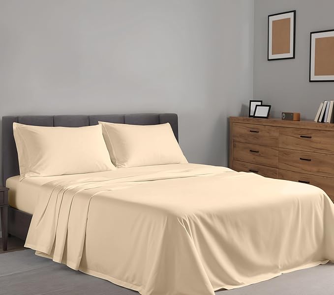 RUVANTI 100% Cotton Sheets – Full Size Percale Bedding, Cooling & Breathable, Durable with a Crisp, Soft & Comfortable Feel, 16" Deep Pocket, 4-Piece Set, Beige