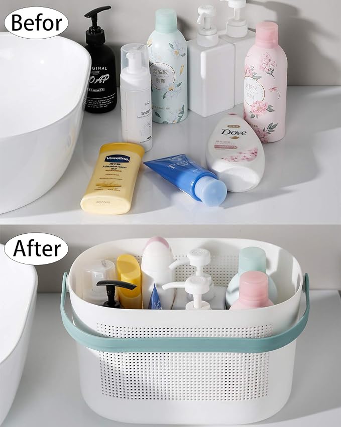 UUJOLY Plastic Storage Baskets with Handles, Shower Caddy Shelf Organizers Basket for Bathroom, Kitchen, Dorm Room, Green - Image 3