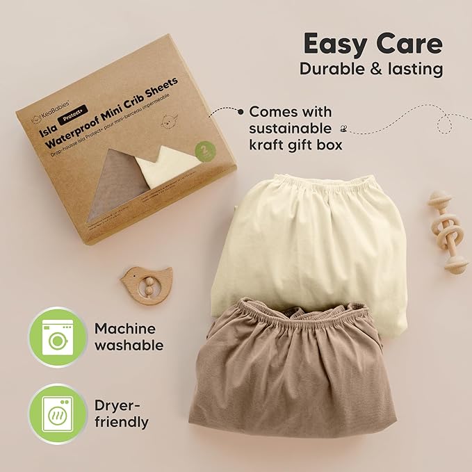 2-Pack Waterproof Pack and Play Sheets, Mini Crib Sheets Fitted for Boy, Girl - 38 x 26 Viscose from Bamboo Pack N Play Mattress Sheets for Graco, Toddler Playard Baby Crib Sheets Neutral (Latte)