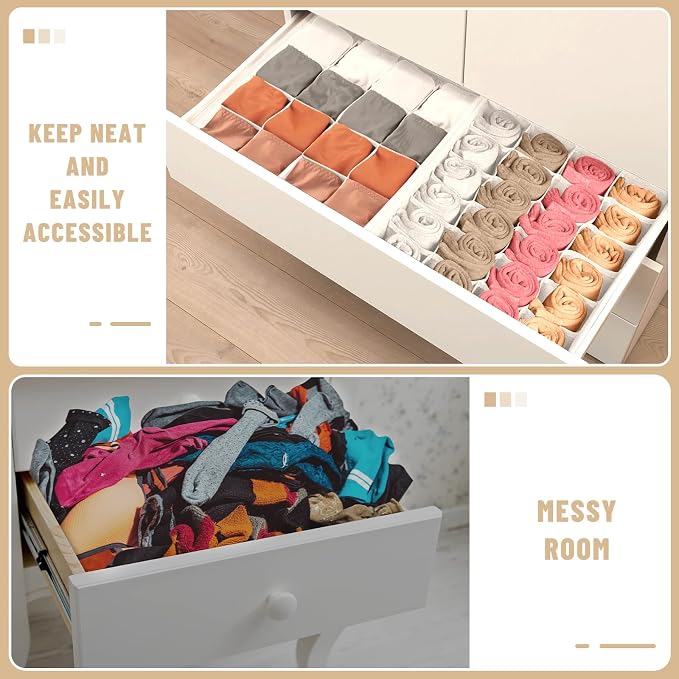 Criusia 3 Pack Sock Underwear Drawer Organizer Dividers, 64 Cell Fabric Foldable Cabinet Closet Organizers and Storage Boxes for Storing Socks, Panties, Ties (16+24+24 Cell, White) - Image 3