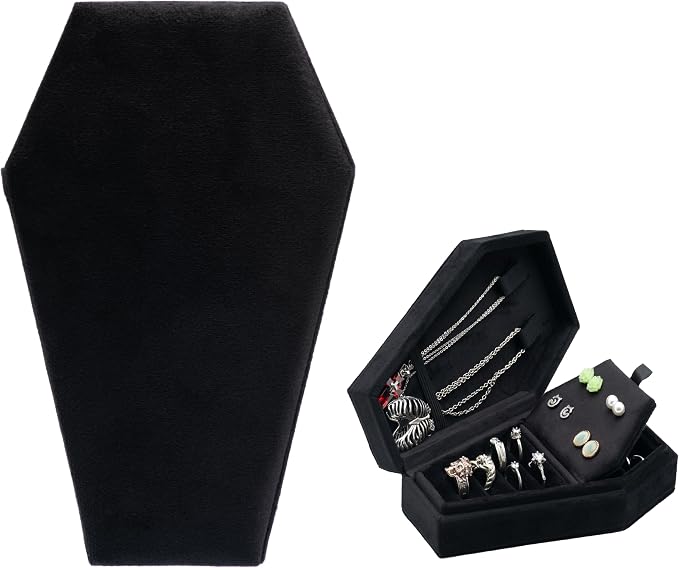 Velvet Coffin Jewelry Travel Case Holder for Gothic Wedding Ceremony Jewelry Organizer Decoration (Black 4 Grid) by DECORATIVEBOX