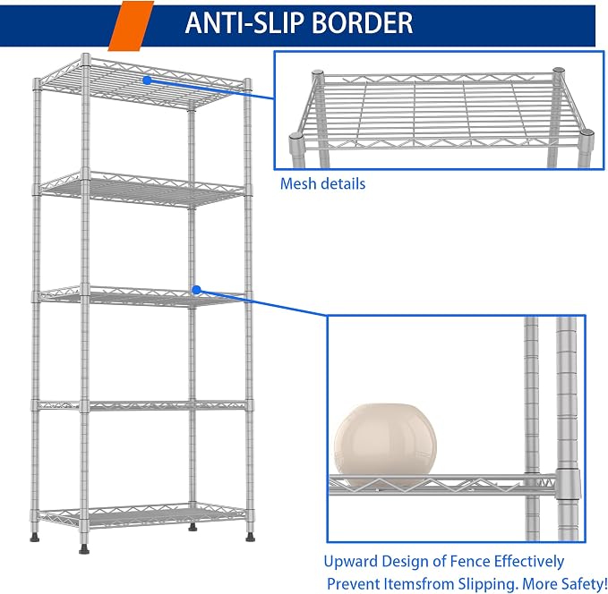 REGILLER 5-Wire Shelving Metal Storage Rack Adjustable Shelves,Standing Storage Shelf Units for Laundry Bathroom Kitchen Pantry Closet(Silver,11.8" D x 21.2" W x 53.5" H) - Image 5