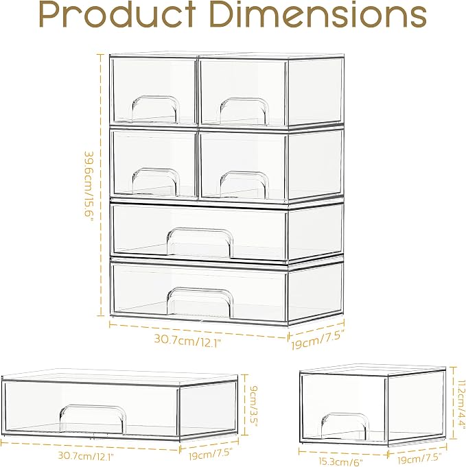 Criusia Stackable Storage Drawers, 6 Pack Clear Plastic Makeup & Bathroom Organizer, Versatile Storage Bins for Vanity, Under Sink, Kitchen Cabinets & Pantry - Image 2