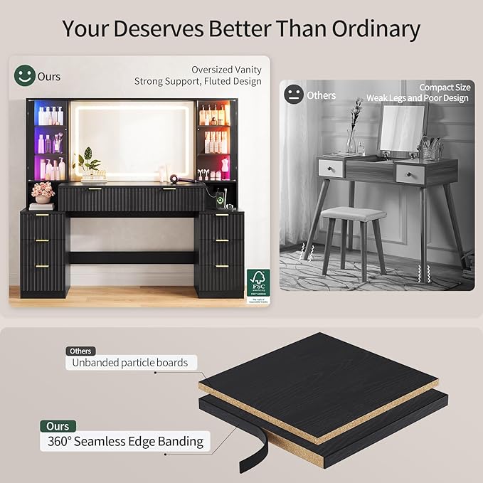 HAUOMS Big Vanity, 59.1" Fluted Wood Makeup Vanity Desk with Mirror and Sound Sync LED Lights, Large Vanity Dressing Table, 8 Drawers, 2 Glass Cabinets, with Charging Station for Girls, Women (Black)