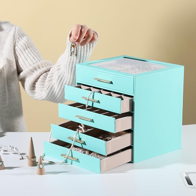 Frebeauty Clear Lid Jewelry Box,5-Layer Jewelry Organizer with Drawer,PU Leather Jewelry Organizers and Storage,Jewelry Boxes for Women,Jewelry Storage for Rings Earring Stud,Gift for Women(Turquoise) - Image 2