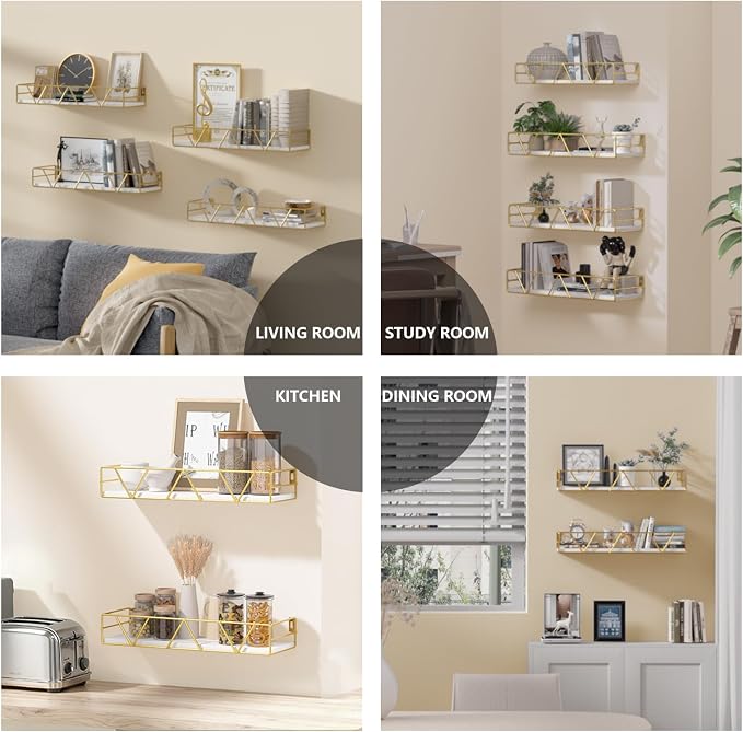 Amaoot Floating Shelves Set of 3, Home Wood Wall Shelf, Farmhouse Shelf for Bedroom, Wall Mounted Floating Shelf for Living Room, Bedroom, Bathroom, Kitchen, Office (Gold-4pcs) - Image 6