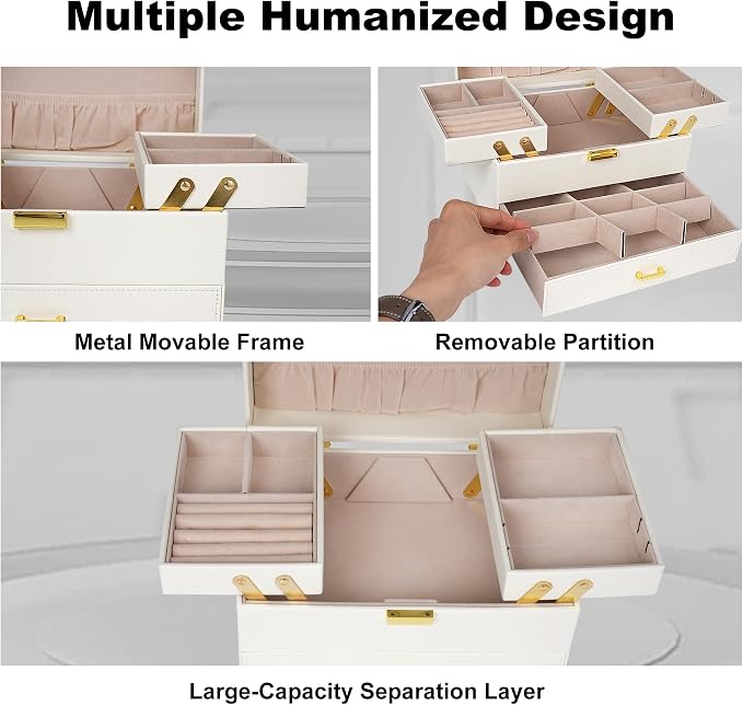 Dajasan Jewelry Organizer Box, Large Jewelry Boxes for Women Girls, Space-Saving 3 Layers Jewelry Storage Case with Drawer, Movable Metal Stand, Modern, Gift Idea (Cloud White + Gold) - Image 8