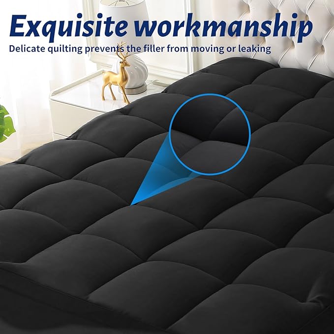 Thick Mattress Topper Twin with Deep Pocket, Extra Pillow Top Mattress Pad, Breathable & Cooling Mattress Cover, Fits 8-21 Inch, Soft Support for Back Pain Relief, Mattress Protector (Twin, Black)
