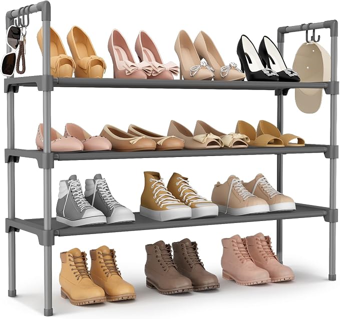 LANTEFUL 3 Tier Shoe Rack for Closet, Shoe Organizer with 5 Hooks, Long Shoe Shelf Storage for Shoe and Boot Stackable Free Standing Shoe Rack for Entryway, Garage, Small Spaces, Dorm, Grey by LANTEFULforTidyingHouse