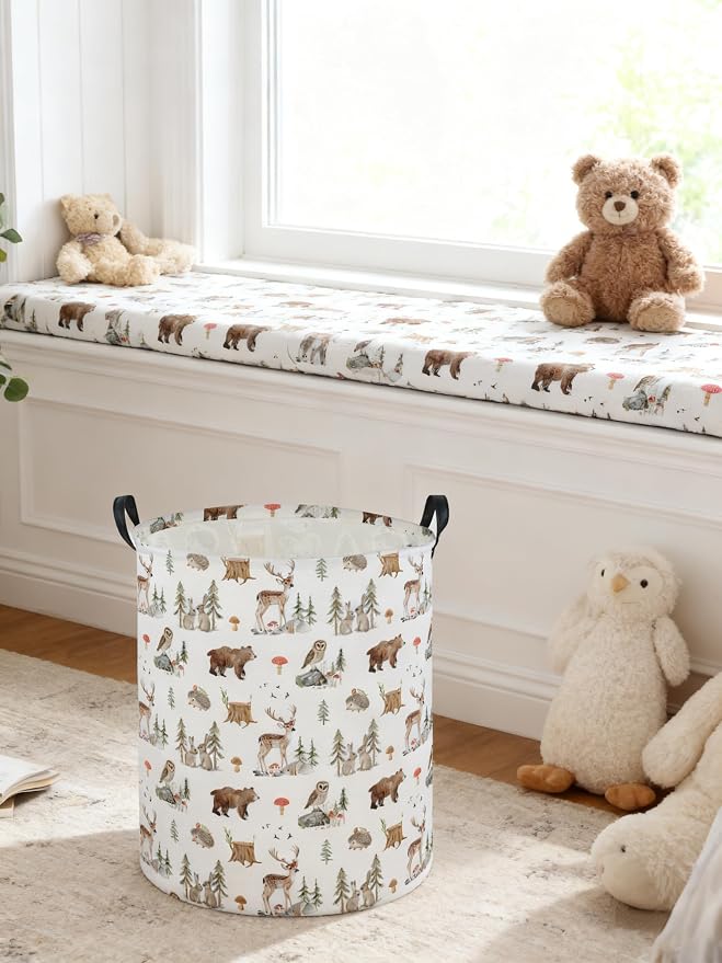 Kids Laundry Basket Animal Hamper for Nursery Woodland Hamper Cute Kids Storage Bin Organizer Room Decor for Home(Woodland animal) - Image 5