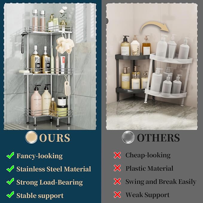 Consumest Corner Shower Caddy Standing - 3-Tier Stainless Steel Shower Organizer with Soap Holder and 4 Hooks, Large Capacity Corner Shelf Stand for Bathroom, Rest Room, Silver - Image 2
