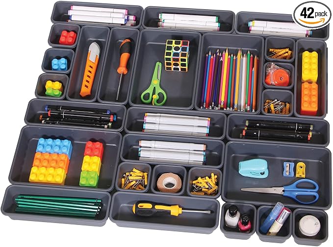 TENABORT 42 Pack Interlocking Desk Drawer Organizer Tray Dividers Plastic Shallow Narrow Drawers Organizers Separators Storage Bins Container for Kitchen Bathroom Makeup Office Vanity Dresser by TENABORT