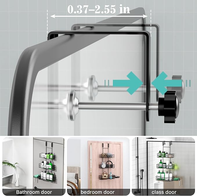 DAOYA Over the Door Shower Caddy Hanging, 3 Tier Adjustable Shower Organizer with Soap Holder, Rustproof Bathroom Shelves Hanging on the Bathroom Glass Door, Matte Black - Image 2