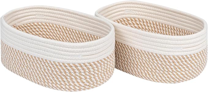 CubesLand Small Storage Baskets for Shelves, Closet Organization Bins Empty Gift Basket 2 Packs Baby Nursery Woven Organizing, Rectangular Clothes Shelves Off White/Mixed Camel by CubesLand