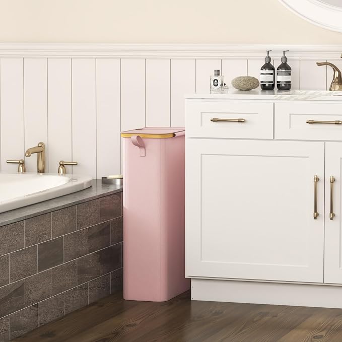 Lifewit 65L Slim Laundry Hamper with Lid, Narrow Laundry Basket with Removable Bag & Bamboo Handles, Fodable Thin Dirty Clothes Hamper for Laundry Collapsible Bin for Bathroom Bedroom Dorm, Pink - Image 2