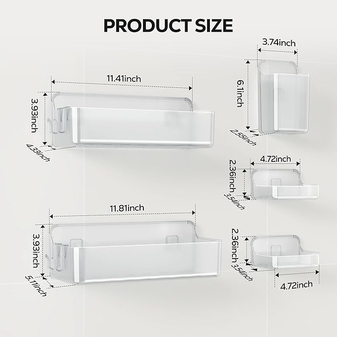 Nieifi Adhesive Wall Shelf, Shower Shelves 5 Pack with Soap Holder, Shower Organizer for Bathroom Organization, Clear - Image 2