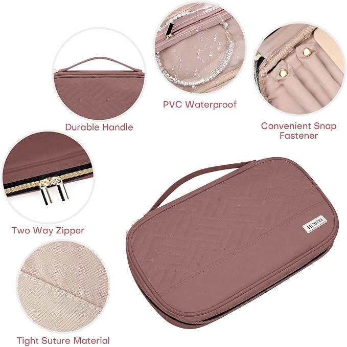 Jewelry Travel Case Organizer for Necklaces, Earrings, Rings, Bracelet, Watch, Soft Sided, Red Sandalwood - Image 4