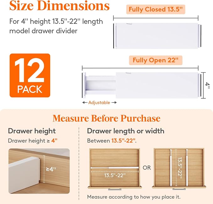 Lifewit 12 Pack 4" High Drawer Dividers 34-56cm/13.5-22" Adjustable Drawer Organizer for Clothes/Utensils, Expandable Drawer Separator in Dresser/Kitchen/Bedroom/Office Organization & Storage White - Image 2